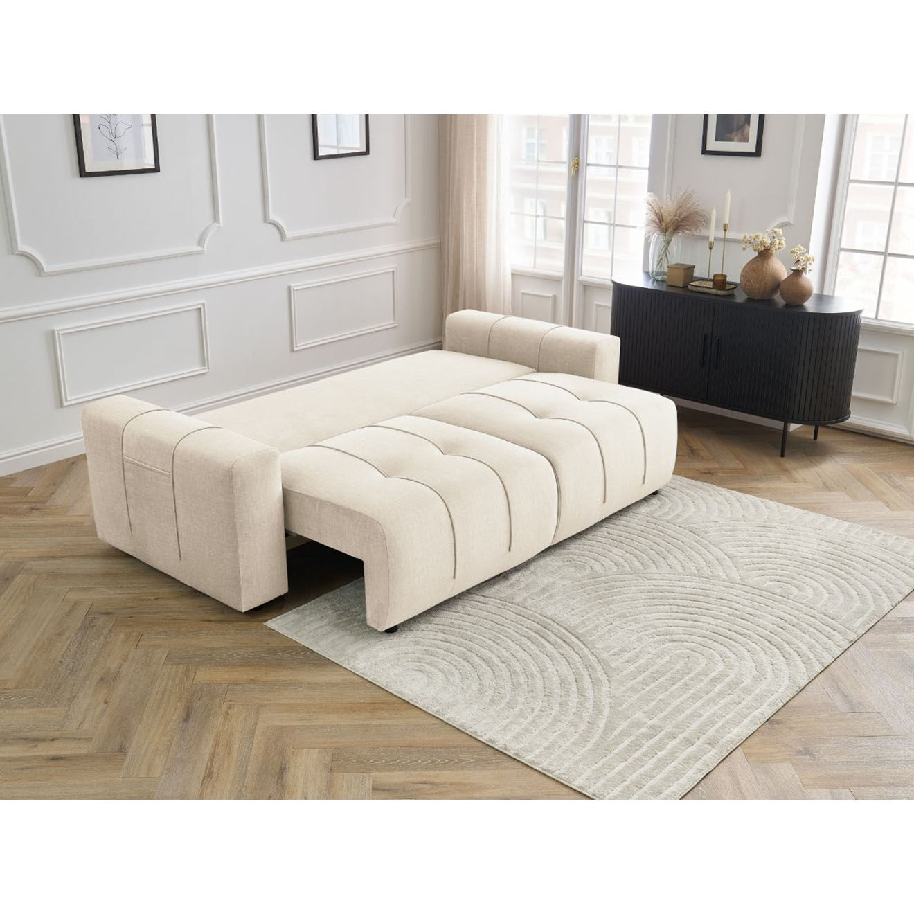 Bobochic Canapé droit convertible en Velours 3 places Arsène avec coffre beige - 248x105x90 cm