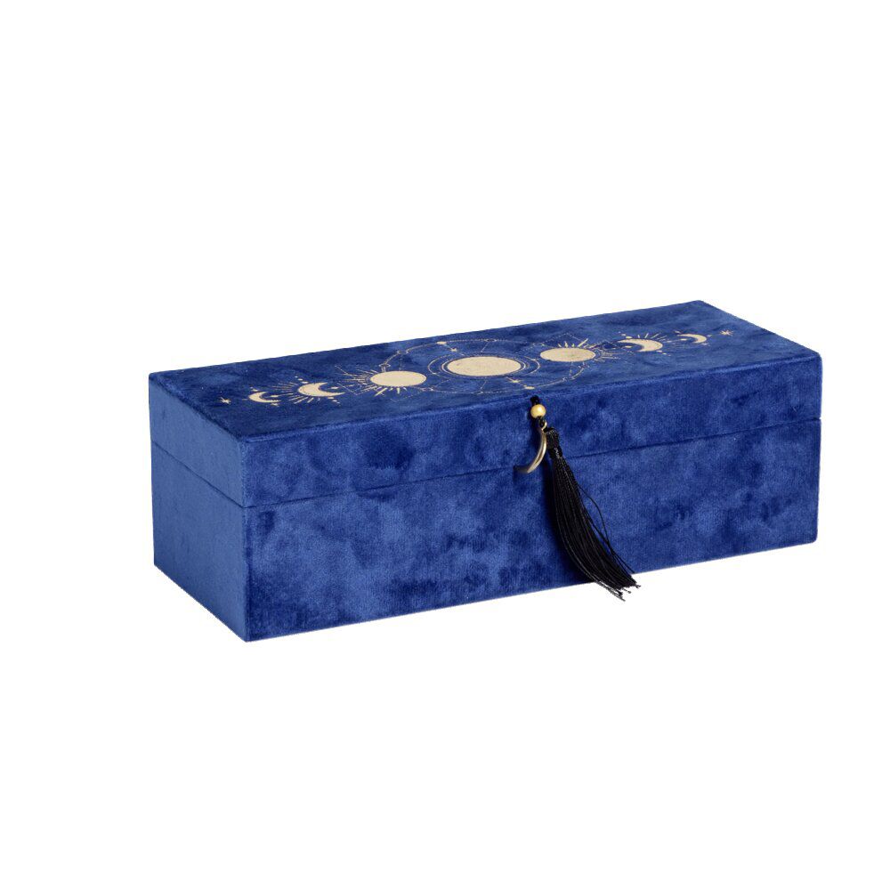 Boîte à bijoux velours bleu motif système solaire doré 28x10,5xH9cm