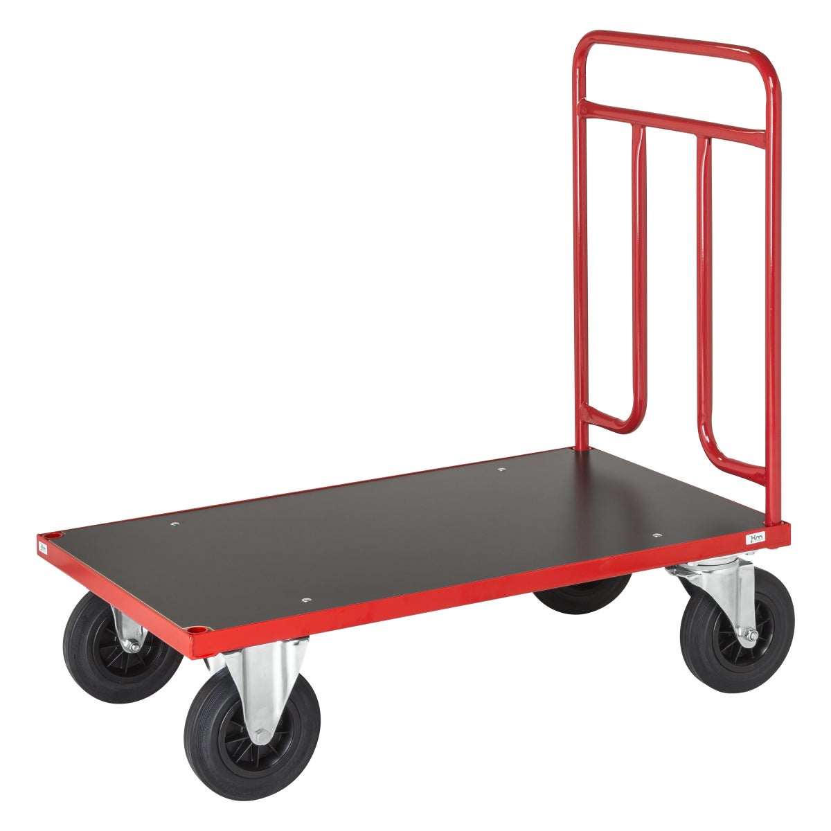 Kongamek platformwagen in rood, 1000x600x1000mm, met stalen buis duwbeugel en rubberen banden, zonder remmen