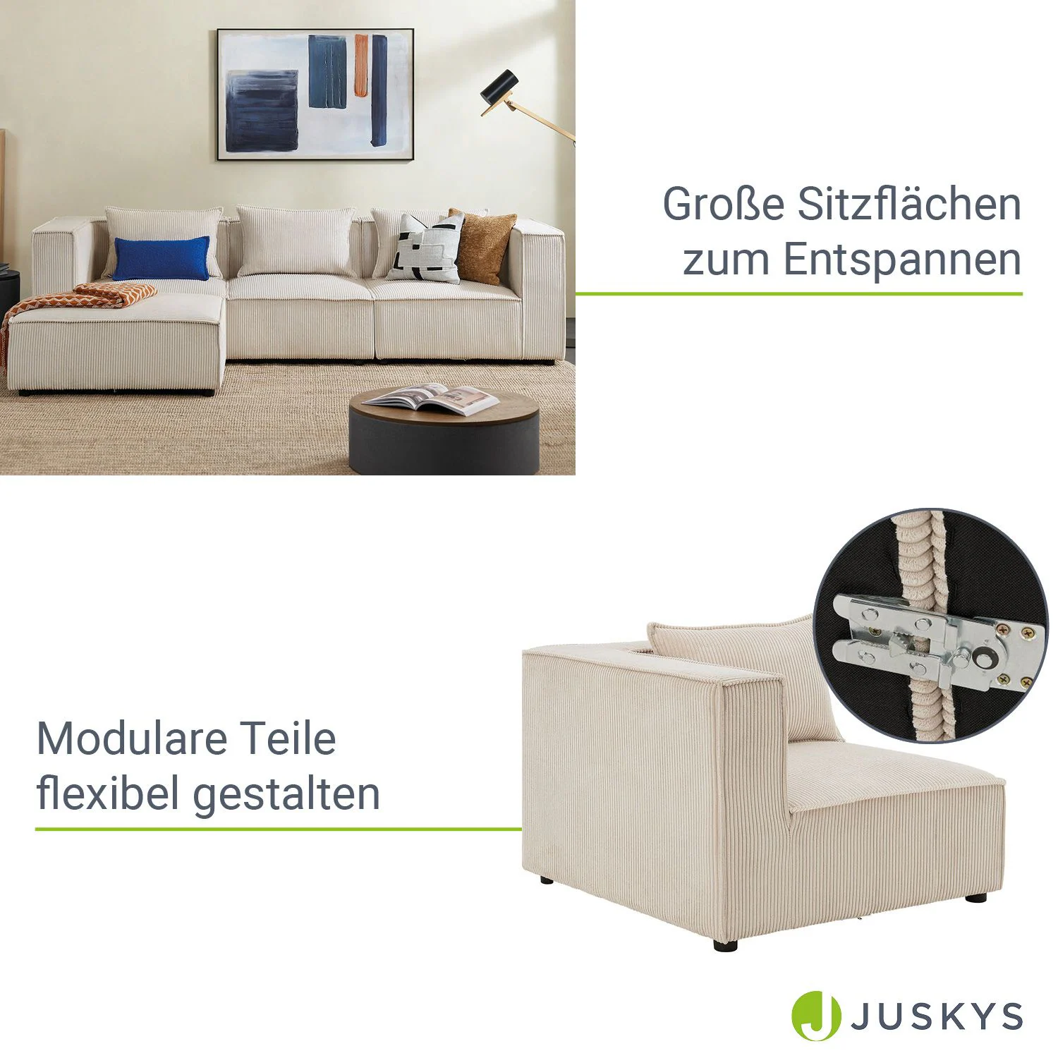 Juskys modulares Sofa Domas in Cord Beige - Ecksofa Links mit Armlehne & Kissen - kombinierbar