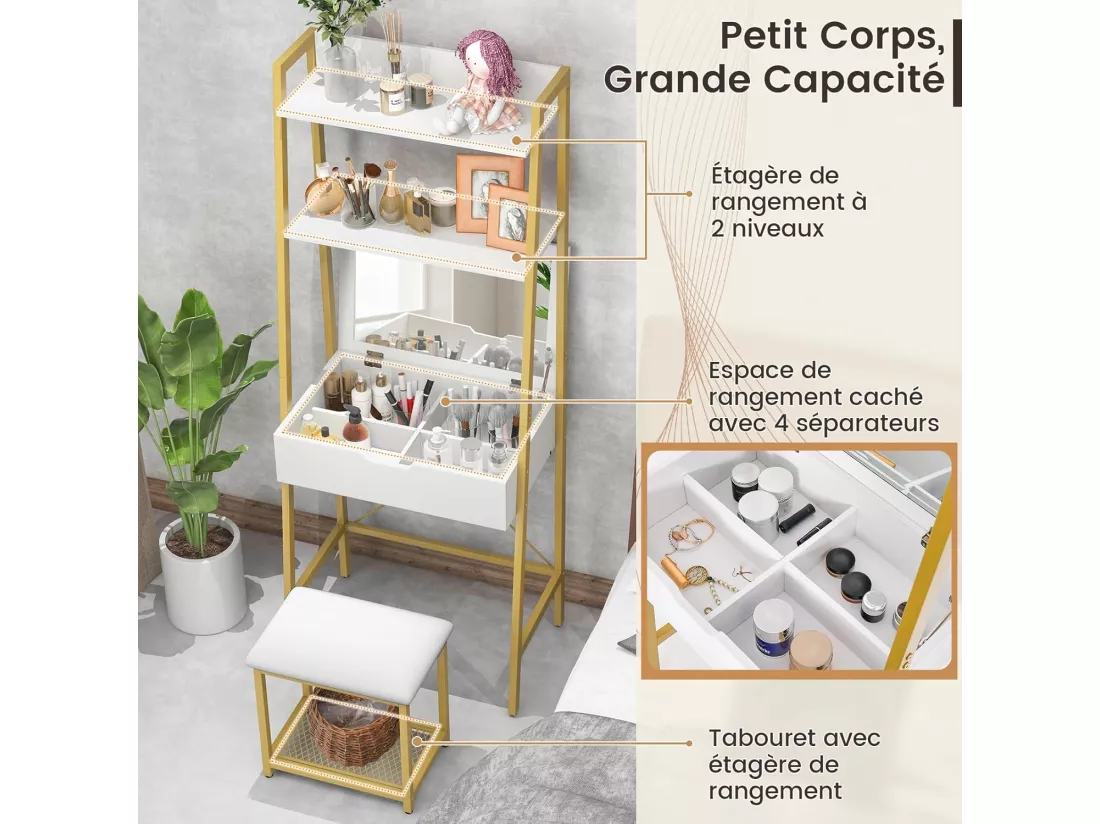 Ensemble de Coiffeuse et Tabouret avec Miroir Rabattable, Table de Maquillage avec 2 Étagères de Rangement, Tabouret Rembourré, Blanc + Or