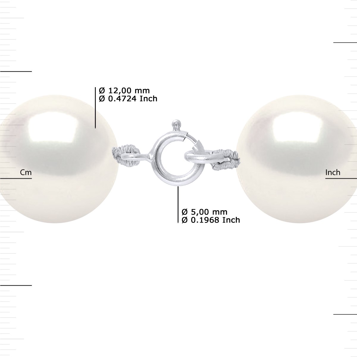 Collier - Rang Véritables Perles de Culture d'Eau Douce Rondes 12-13 mm - Blanc Naturel - Or Blanc
