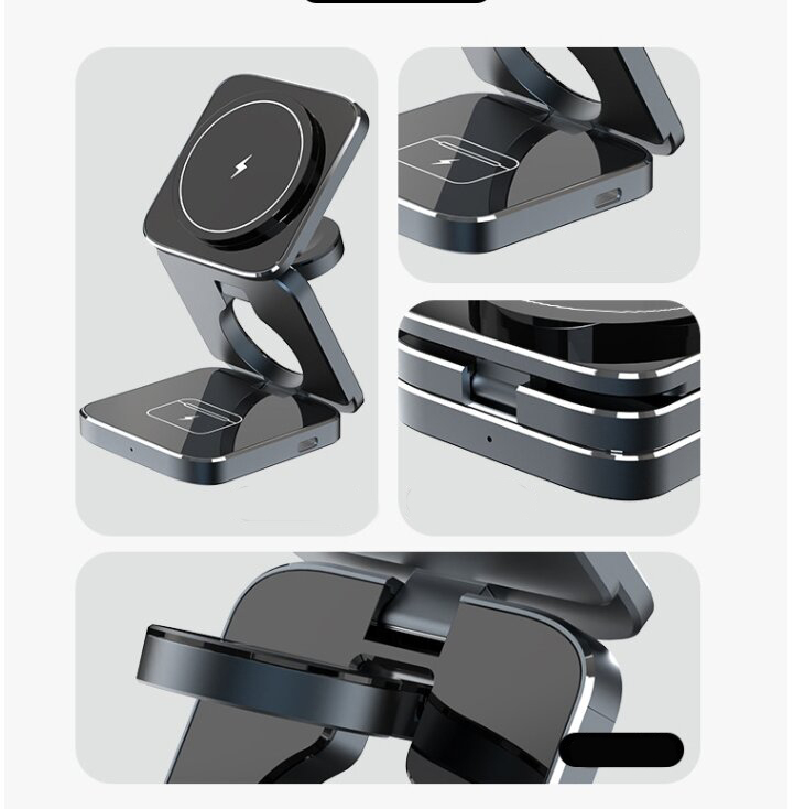 (15W) 3in1 MagSafe Ladegerät Qi Wireless Charger Faltbarer Ladeständer für Smartphone / Samsung Galaxy Watch / Galaxy Buds - Schwarz