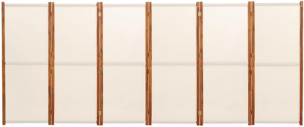 6-Panel Cream White Room Divider, 420x180 cm Solid Acacia Wood & Textilene Privacy Screen for Indoor Outdoor Spaces, Foldable Freestanding Partition Wall
