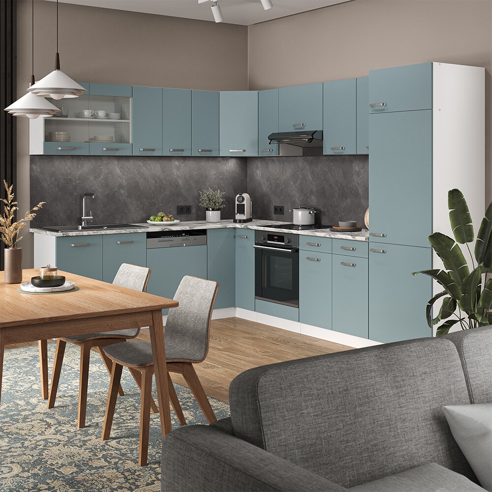 Vicco Eckküche R-Line Solid Weiß Blau Grau 287x227 cm Arbeitsplatte modern Küchenschränke Küchenmöbel