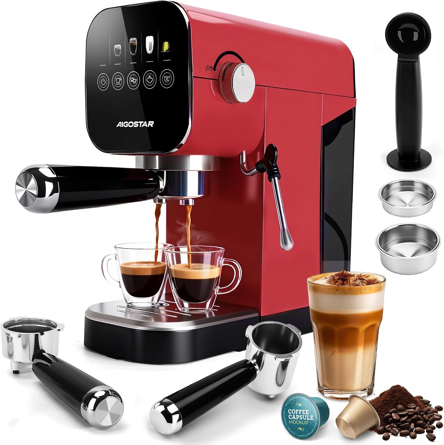 Aigostar - Espresso Siebträgermaschine, Kompatibel mit Kapseln und Gemahlenem Kaffee, 20 Bar, Digitales Touchpanel, 1/2 Tassen, Espressomaschine mit Milchaufschäumer, 0,9L, 1350 W, Edelstahl, Rot