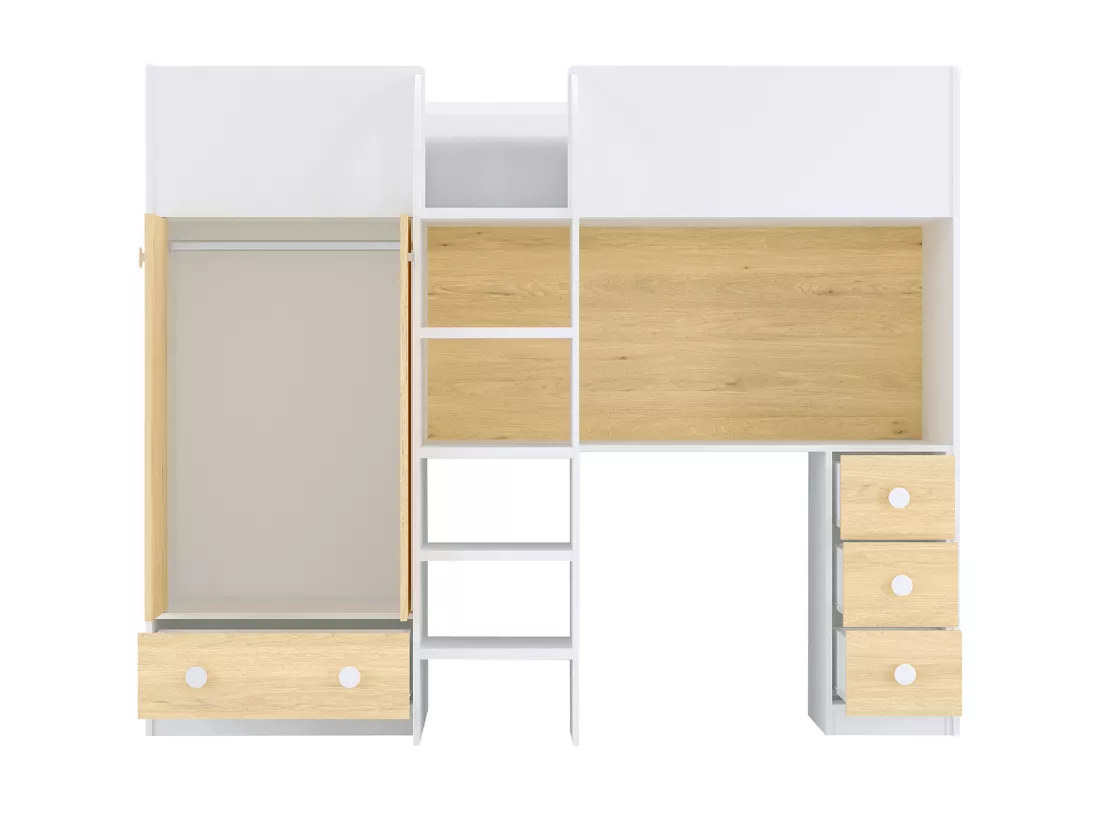 Lit mezzanine 90 x 190 cm avec armoire et bureau - Blanc et naturel + Matelas - CINAMO