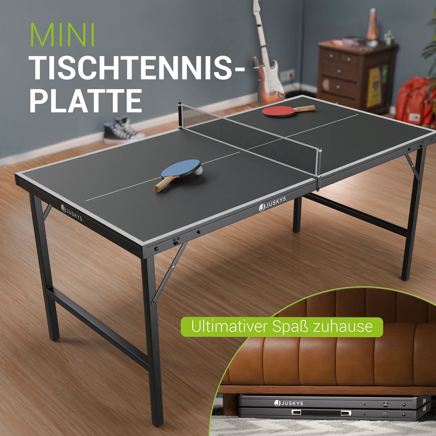 Juskys Mini Tischtennisplatte Flexi mit Zubehör - Tisch klappbar - Indoor Tischtennis für Zuhause - Schwarz