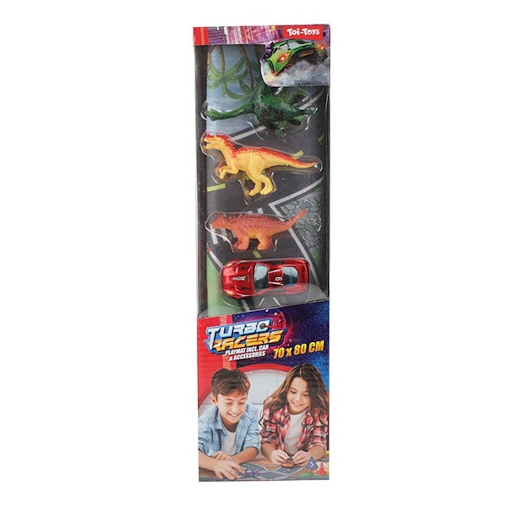 Spielautos mit einer Spielmatte und Verkehrszeichen oder Tierfiguren