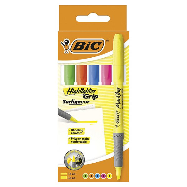 5 surligneurs Bic Highlighter grip coloris assortis