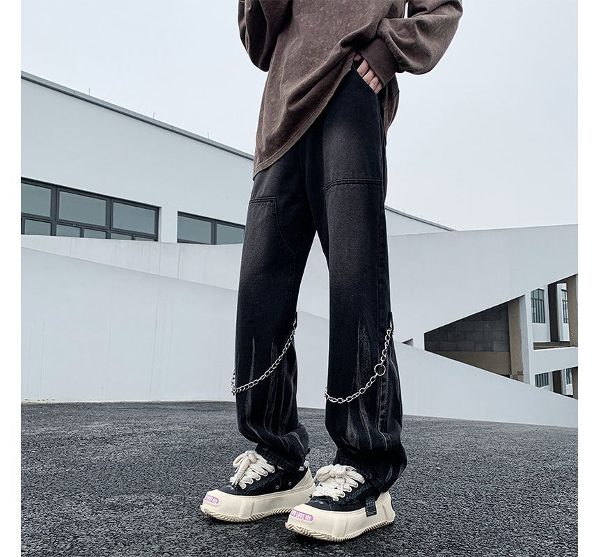 Hushgrain - Mid Rise Washed Chain Straight Leg Jeans