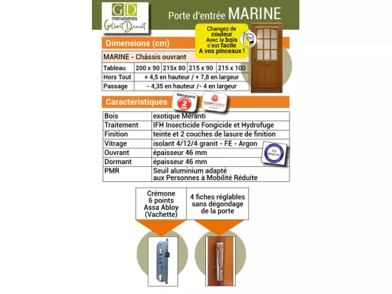 Porte D'Entrée Bois Vitrée, Marine, H,200Xl,80 P, Droit Côtes Tableau