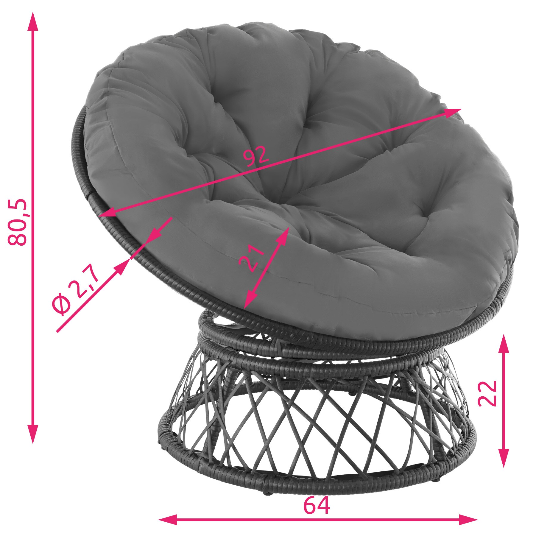 tectake® Rattansessel, drehbar, UV-beständig, 92 x 80 x 80,5 cm