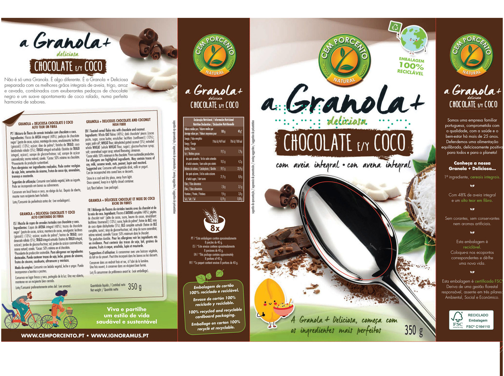 GRANOLA CEM PORCENTO CHOCOLATE E COCO 350G