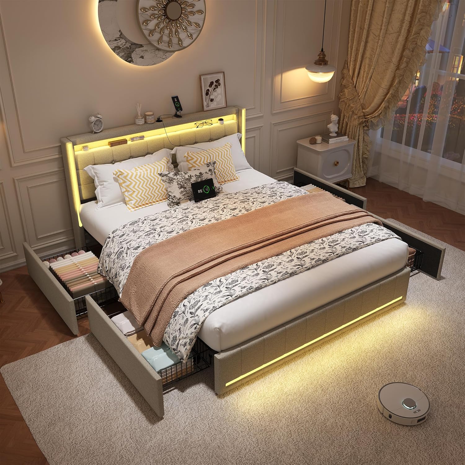 Polsterbett Doppelbett 180x200 cm, Stauraumbett mit 4 Schubladen, Bett 180x200 mit Bettkasten und Lattenrost, LED Kopfteil mit USB Ladestation, Jugendbett Funktionsbett Rückenlehne Bett, Leinen