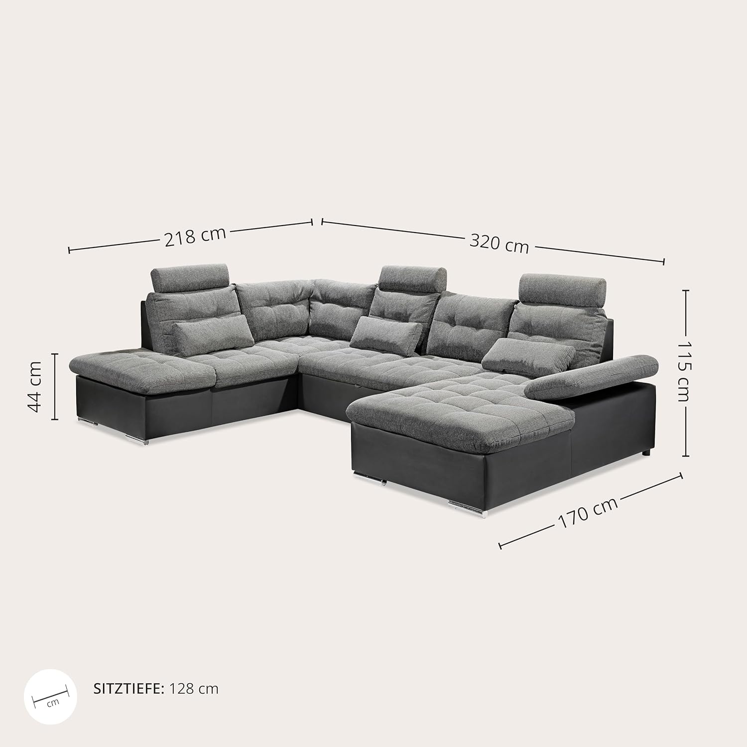 JAKARTA Wohnlandschaft in U-Form in Lederoptik, Dunkelgrau / Anthrazit - Ausziehbares Sofa mit Schlaffunktion & Bettkasten - 324 x 107 x 170 (218) cm (B/H/T)