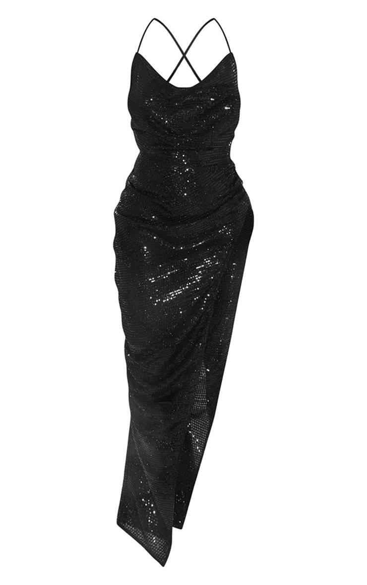 Noir Robe Maxi Moulante À Col Bénitier, Sequins Texturés Et Fente Sur La Cuisse