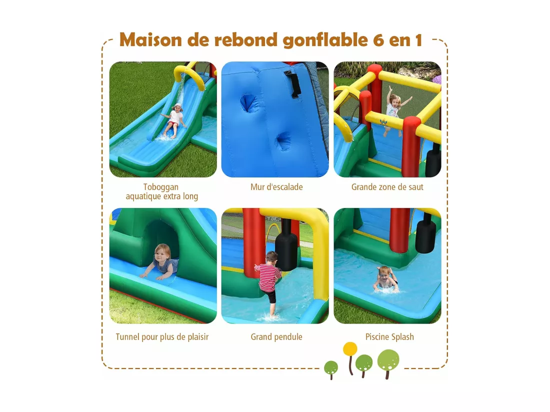 Château gonflable pour Enfants de 3-10 Ans avec Pataugeoire Toboggan Mur d’escalade Tunnel 470 x 370 x 190cm sans Gonfleur