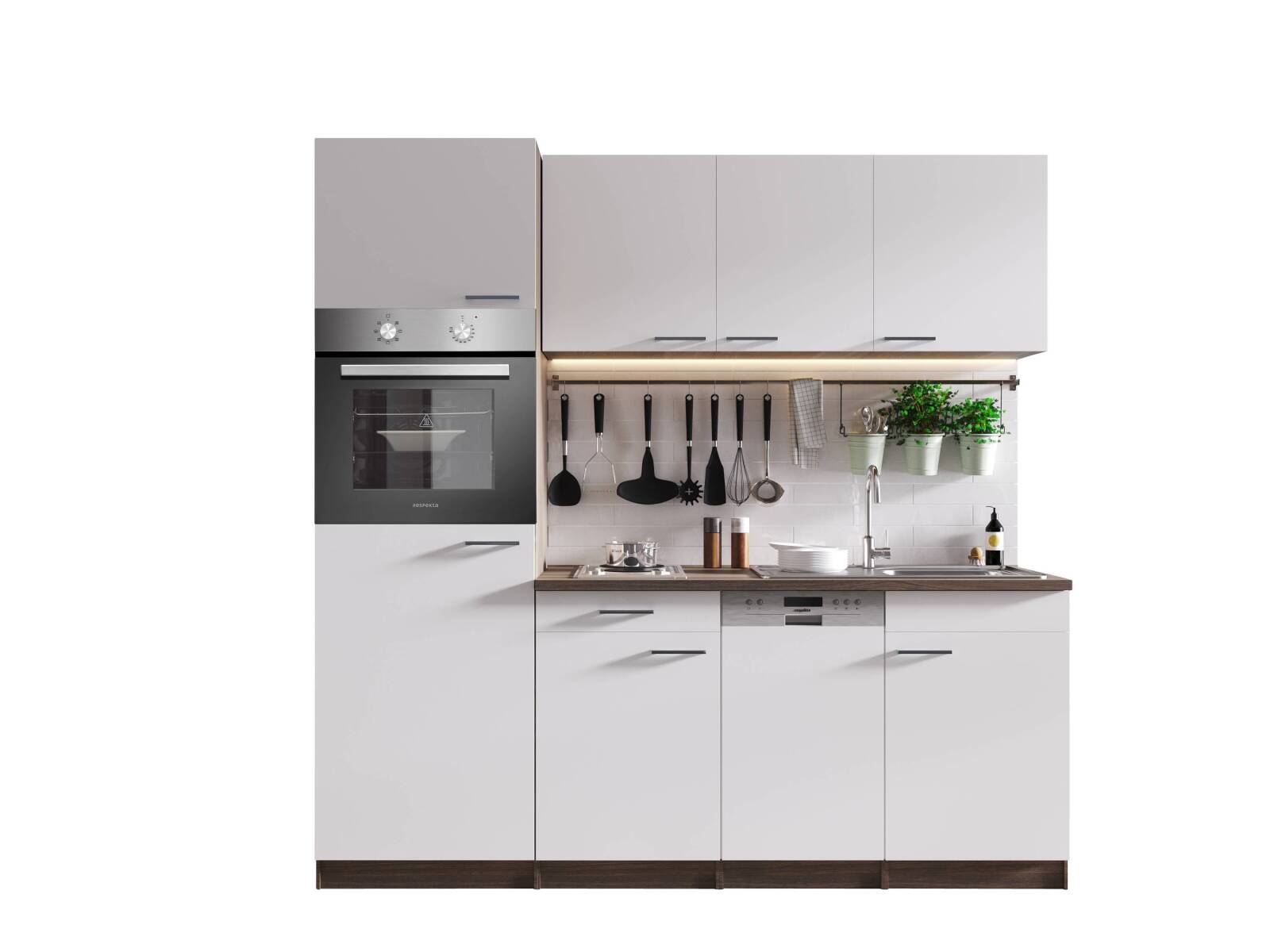 RESPEKTA Singleküche OLIVER - weiß - Eiche York - mit E-Geräten - 205 cm