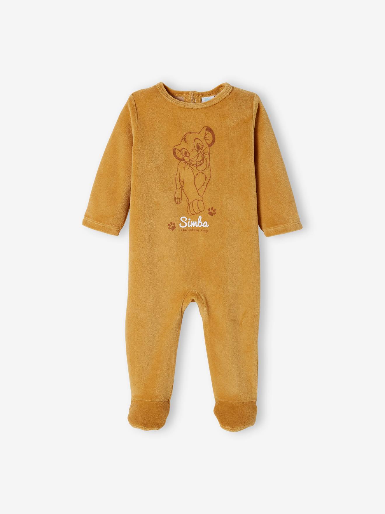 Macacão infantil DS® do Rei Leão em veludo amarelo escuro liso com estampa.