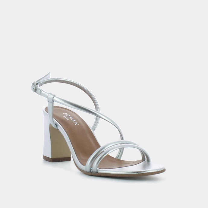 Sandales à talons et brides  en cuir métallisé argent