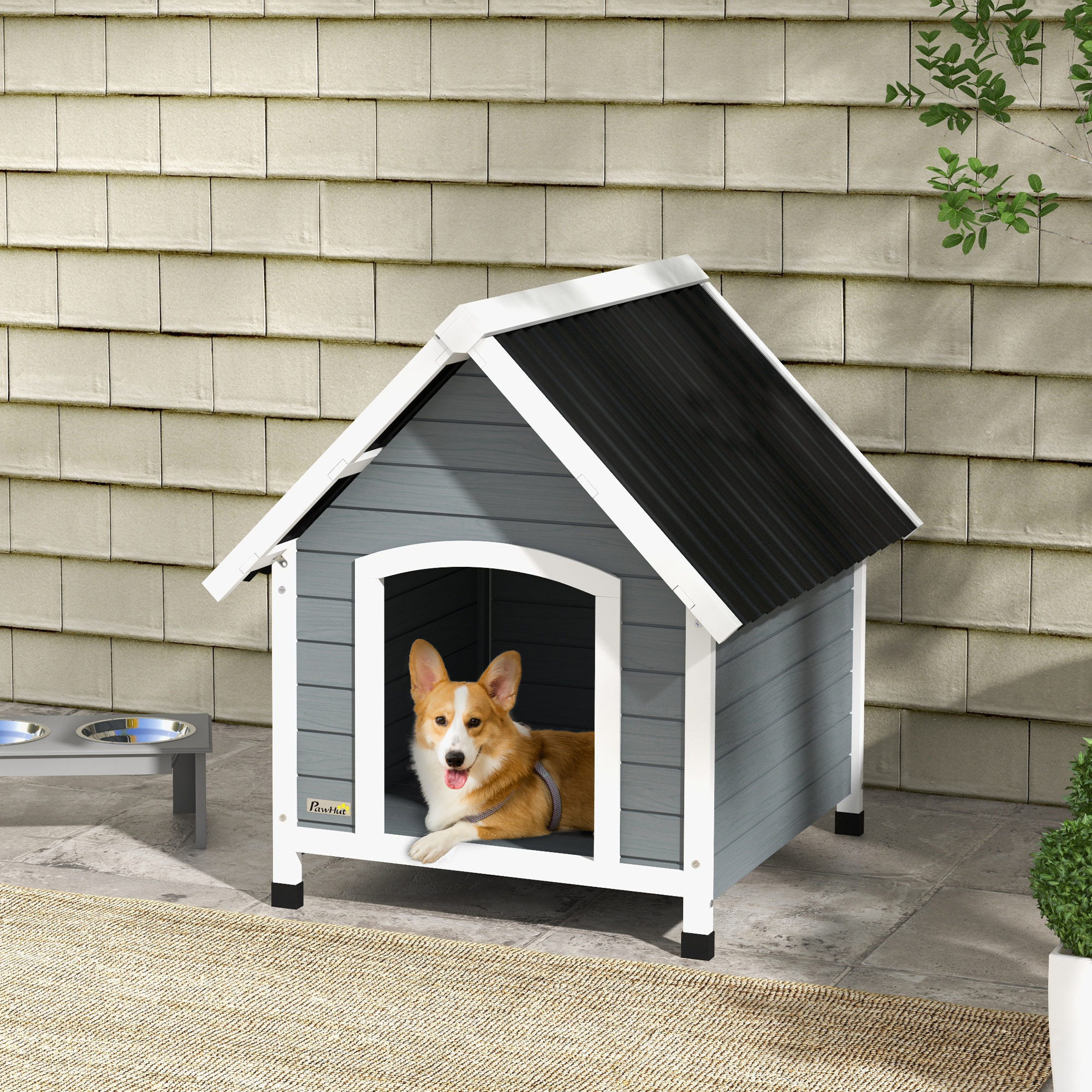Casinha para cães PawHut, tamanho médio (75x88x82 cm), com telhado imitando telha, base elevada e piso removível para uso externo, na cor cinza.