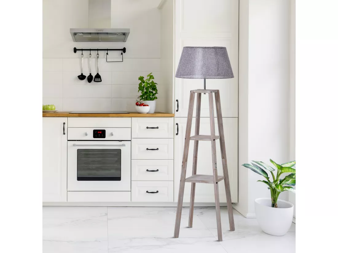Lampadaire design contemporain 2 étagères intégrées 60 W max. dim. 53L x 53l x 148H cm pin lin gris