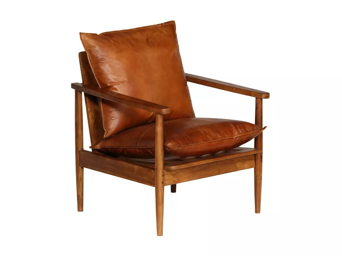 Fauteuil Marron Cuir véritable avec bois d'acacia