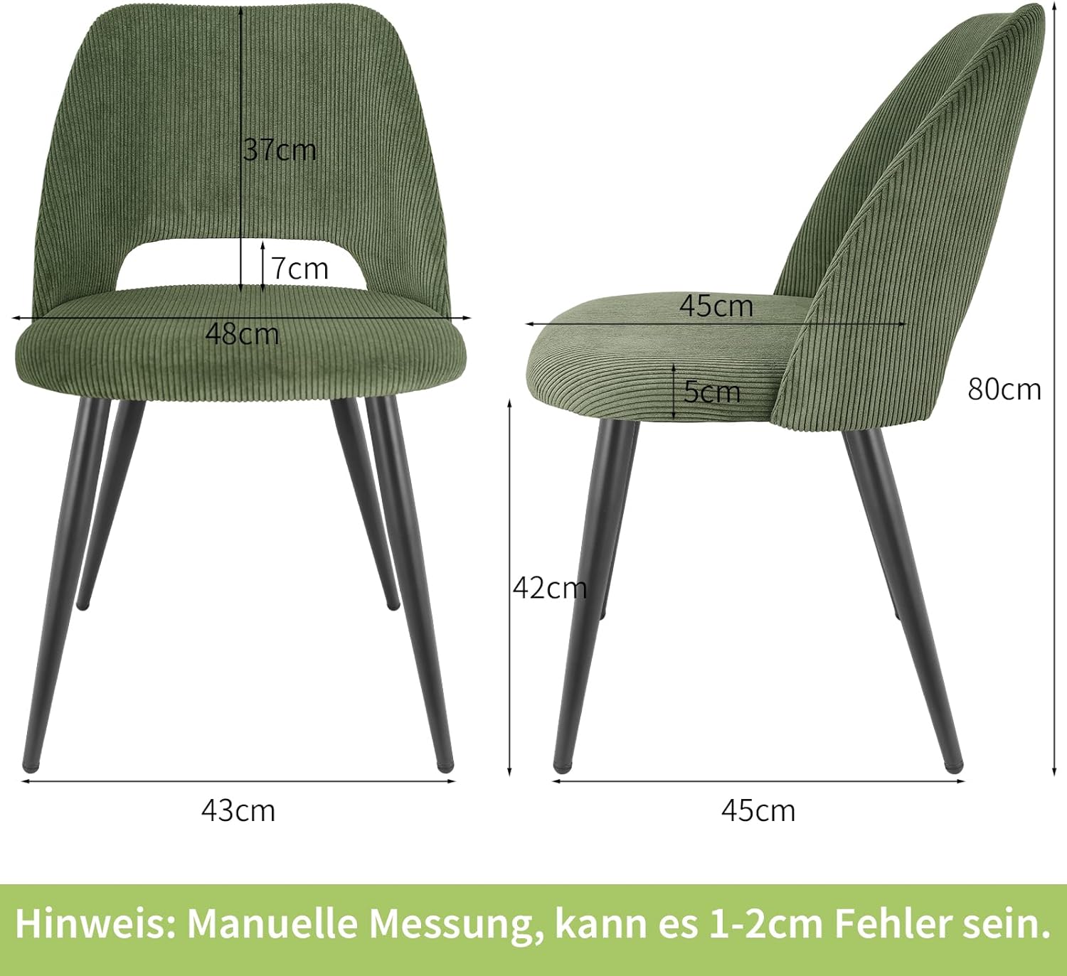 Esszimmerstühle 2er Set, Kordsamt Stuhl Mit Dickem Cord-Schwamm Gepolsterter, Esstischstühle mit Separaten Metallbeinen, für Esszimmer, Wohnzimmer, Schlafzimmer und Empfang, Grün