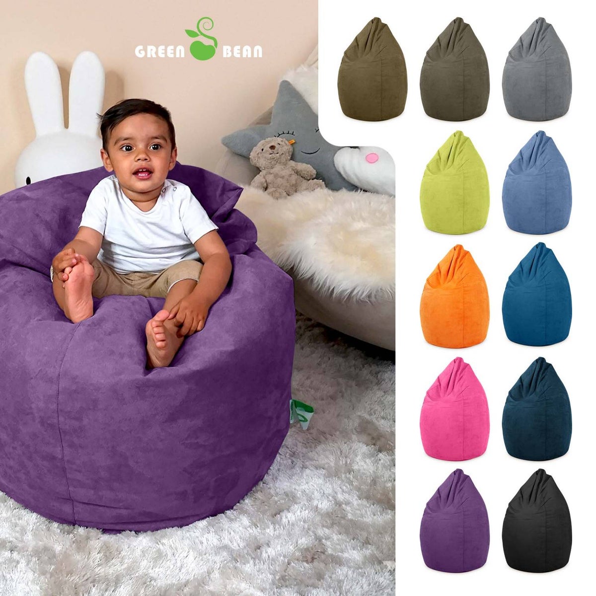 Green Bean zitzak met rugleuning 60x60x90cm - Binnenzitkussen 220L vulling, comfortabel, wasbaar - Zitzak vloerkussen, loungestoel, voetenbank - paars