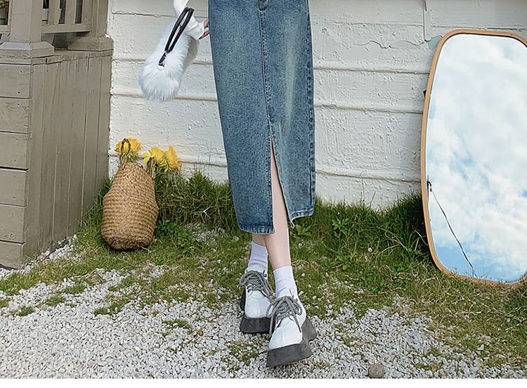 Denimot - Denim midi-kokerrok met hoge taille en split