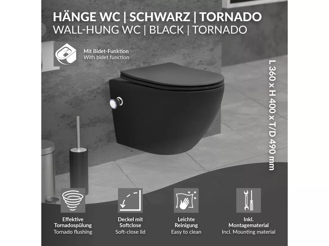 WC suspendu chasse d'eau tornado fonction bidet noir mat avec siège Softclose