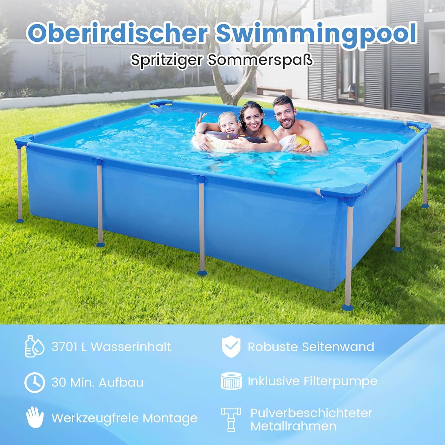 COSTWAY Pool-Set mit Filterpumpe, 258 x 179 cm, Aufstellpool rechteckig, Swimmingpool Komplettset, Swimming Pool für Garten
