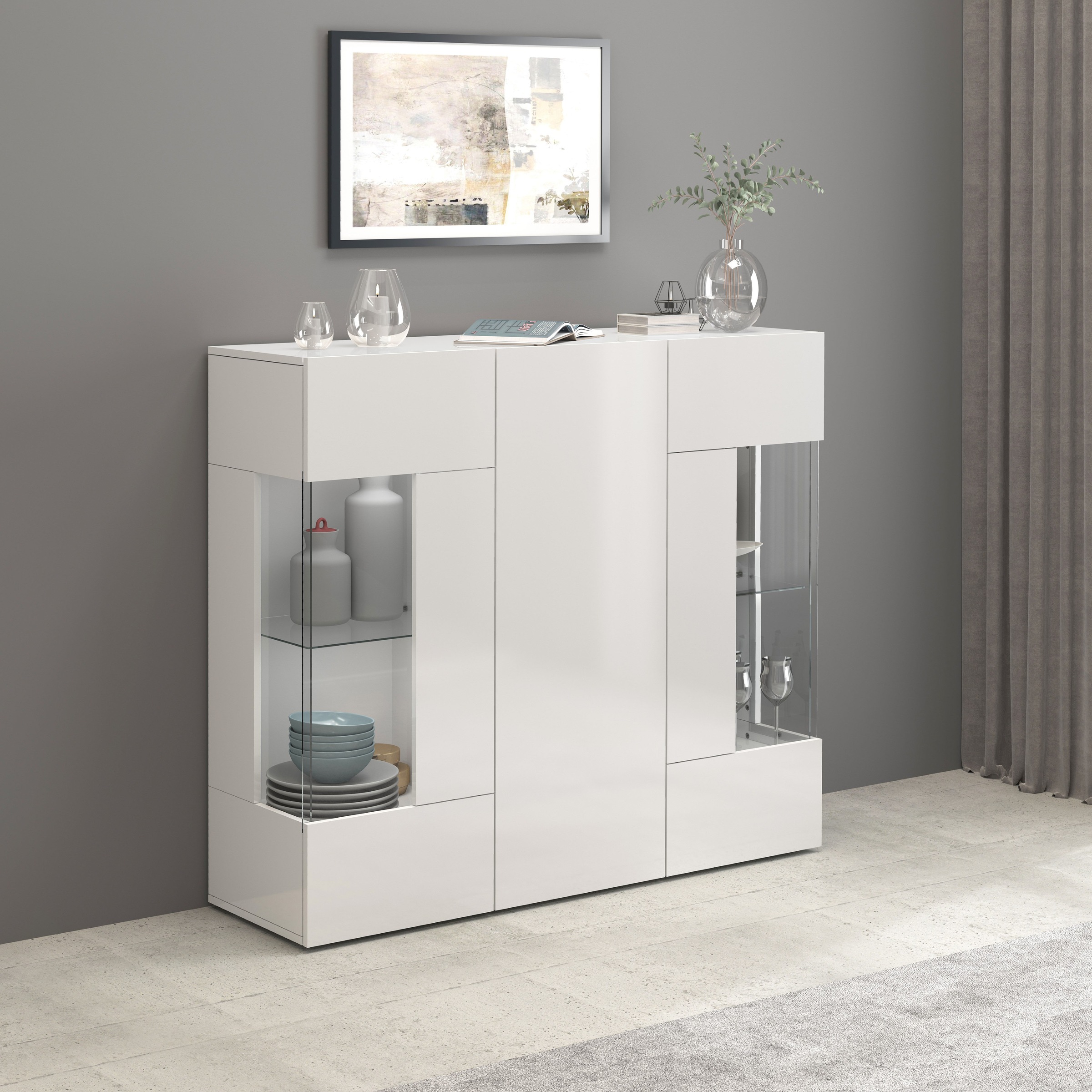 INOSIGN Highboard »Egypt, Highboard, Hochschrank, Hochkommode, Vitrine« mit 3 Türen davon 2 mit Glaseinsatz,kompl. Hochglanz lack.,Breite 135