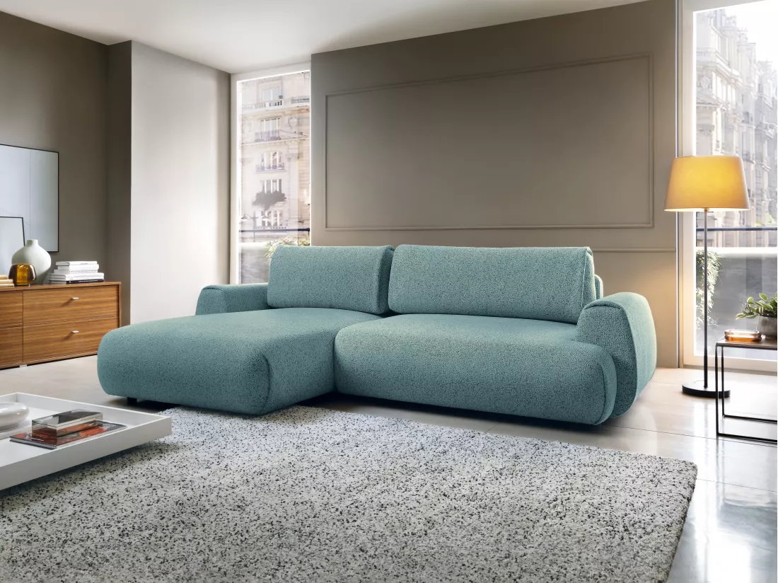 Canapé d'angle gauche convertible en tissu texturé bleu MONELIA