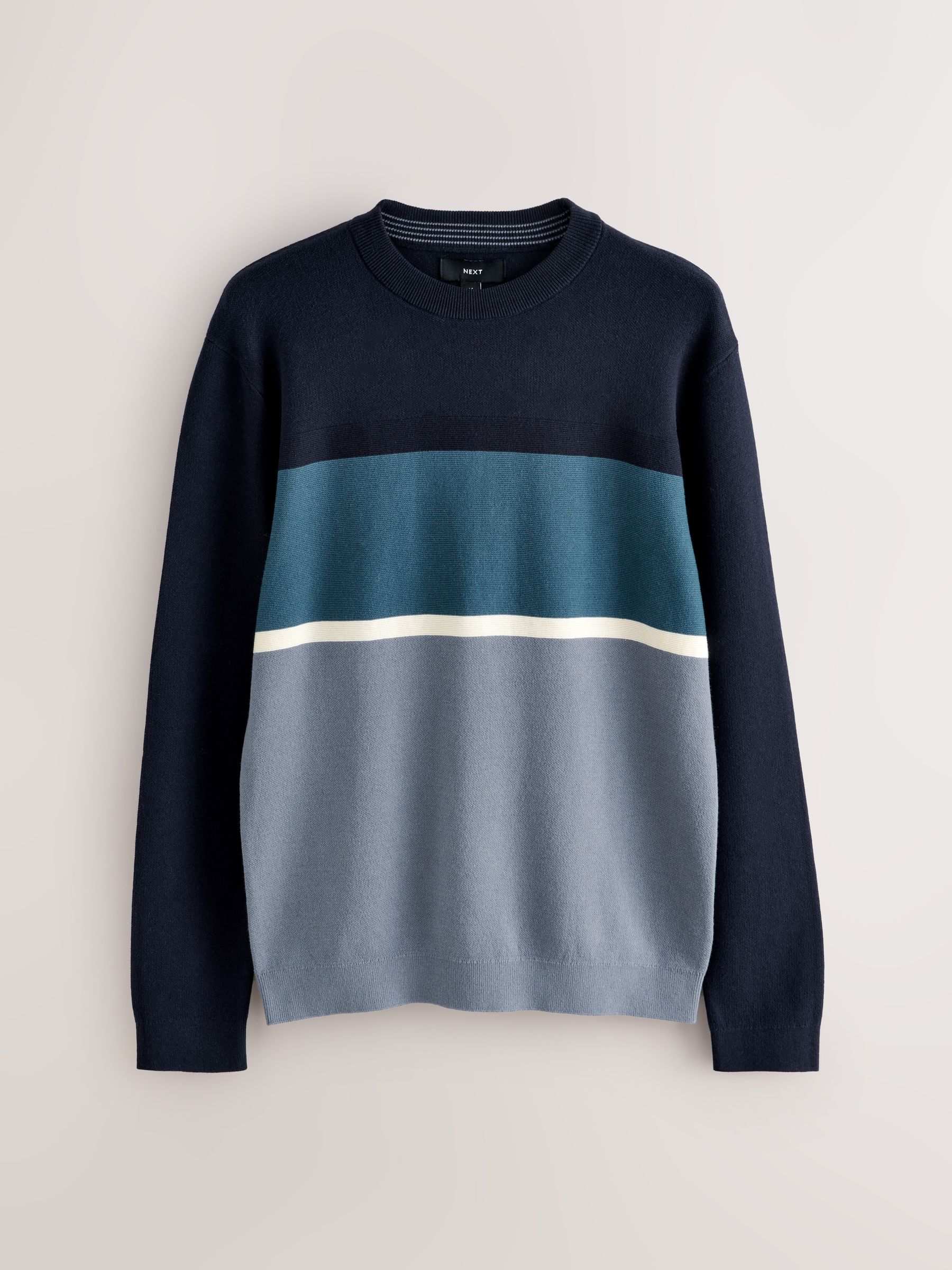 Donkerblauw - Regular fit trui met kleurblokken en strepen, ronde hals