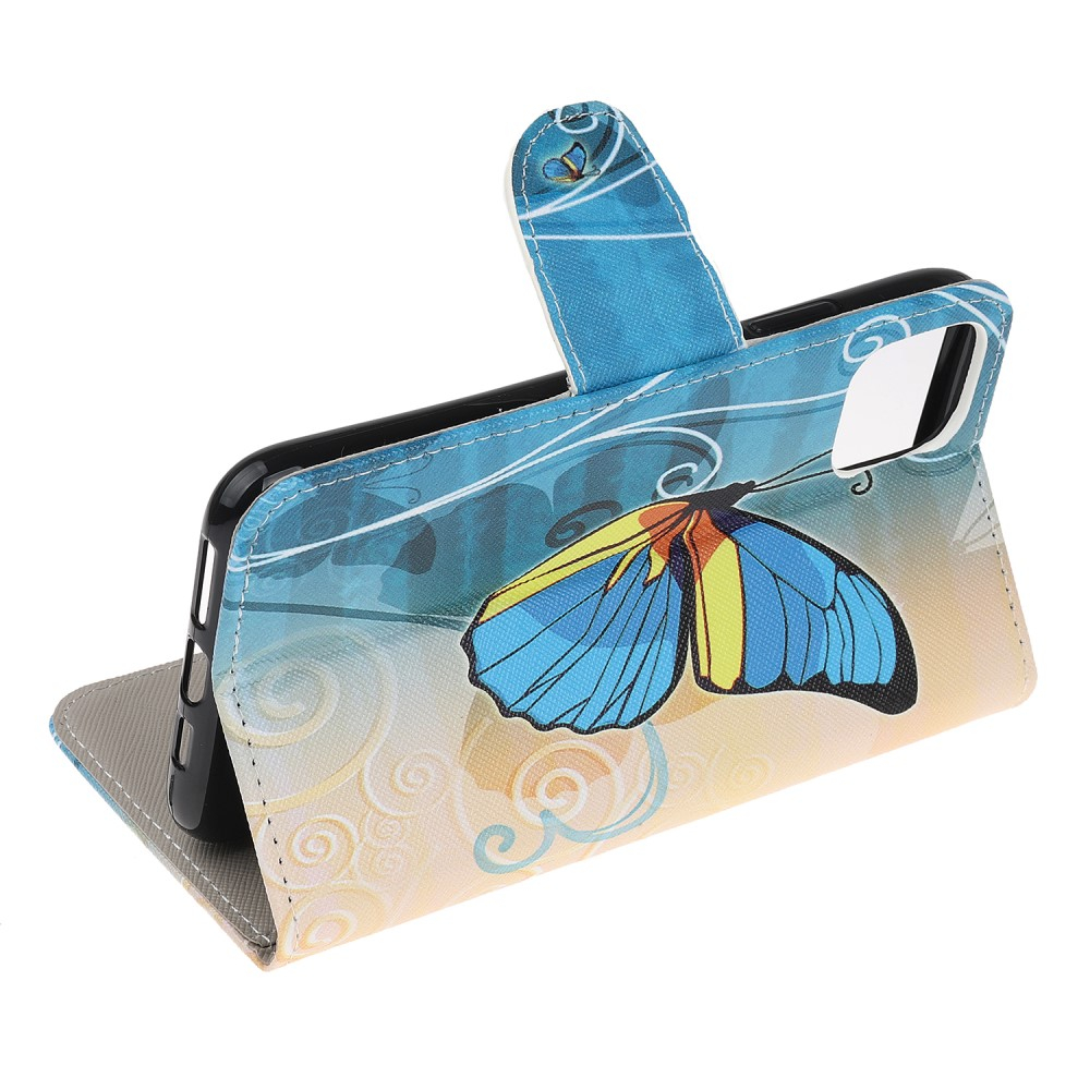 iPhone 13 Pro Leder Tasche mit Kartenfach Schmetterling - Blau