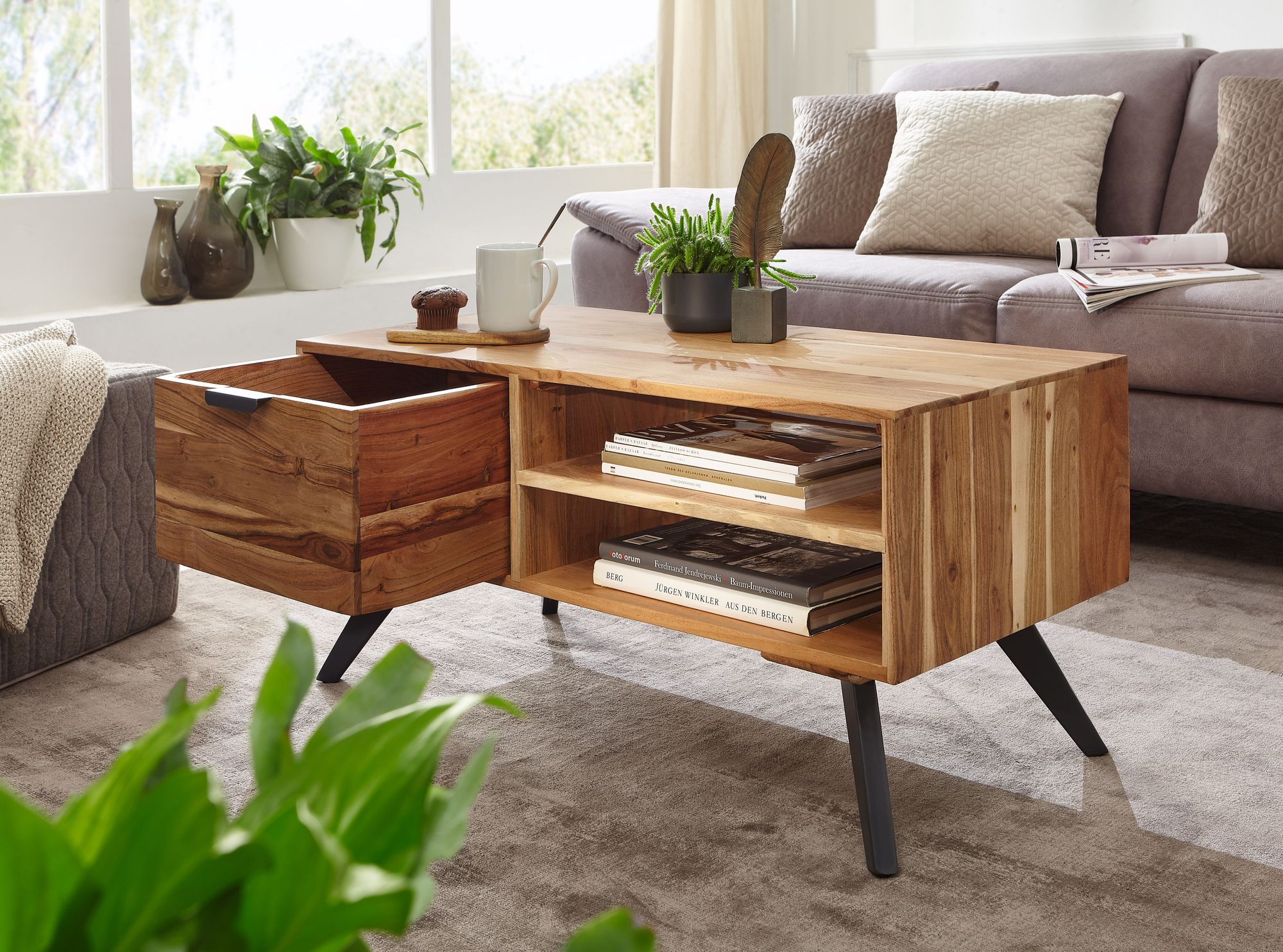 FineBuy Couchtisch 95x45 cm Akazie Wohnzimmertisch Holz Tisch Sofatisch Massiv