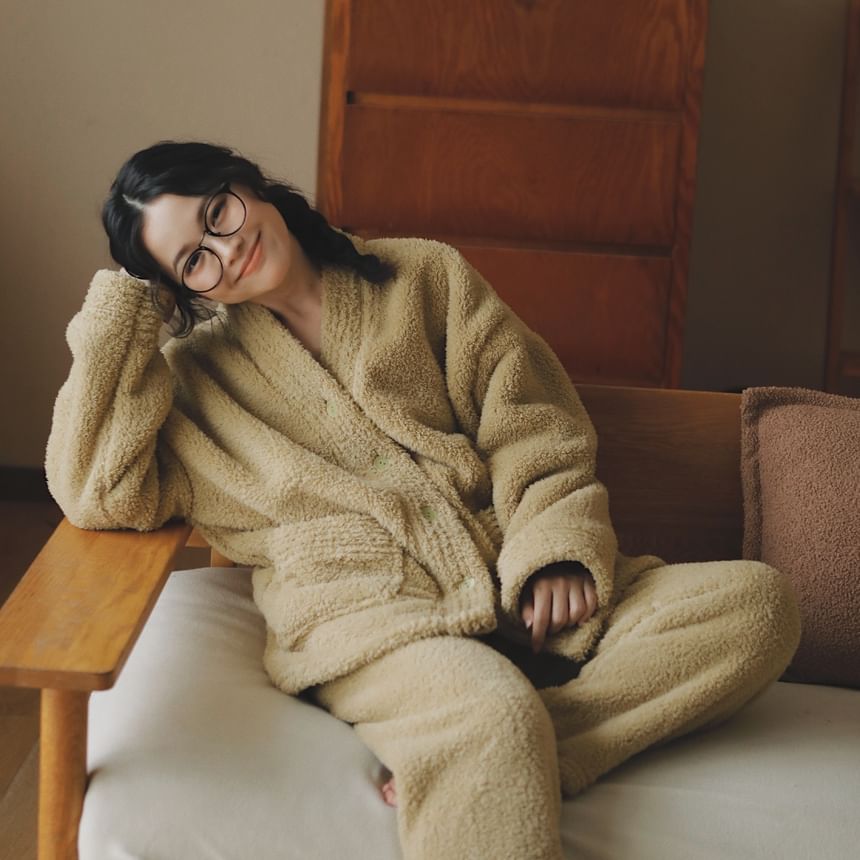 Murmursong - Pyjamaset: V-hals effen fleecejack met knopen + elastische tailleband met rechte pijpen (verschillende ontwerpen)