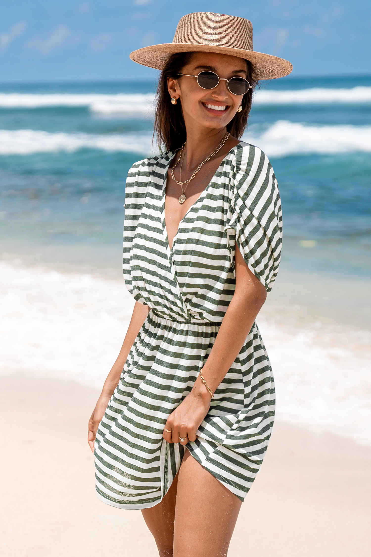 Robe cover up mini à manches dolman et col surplis avec rayures