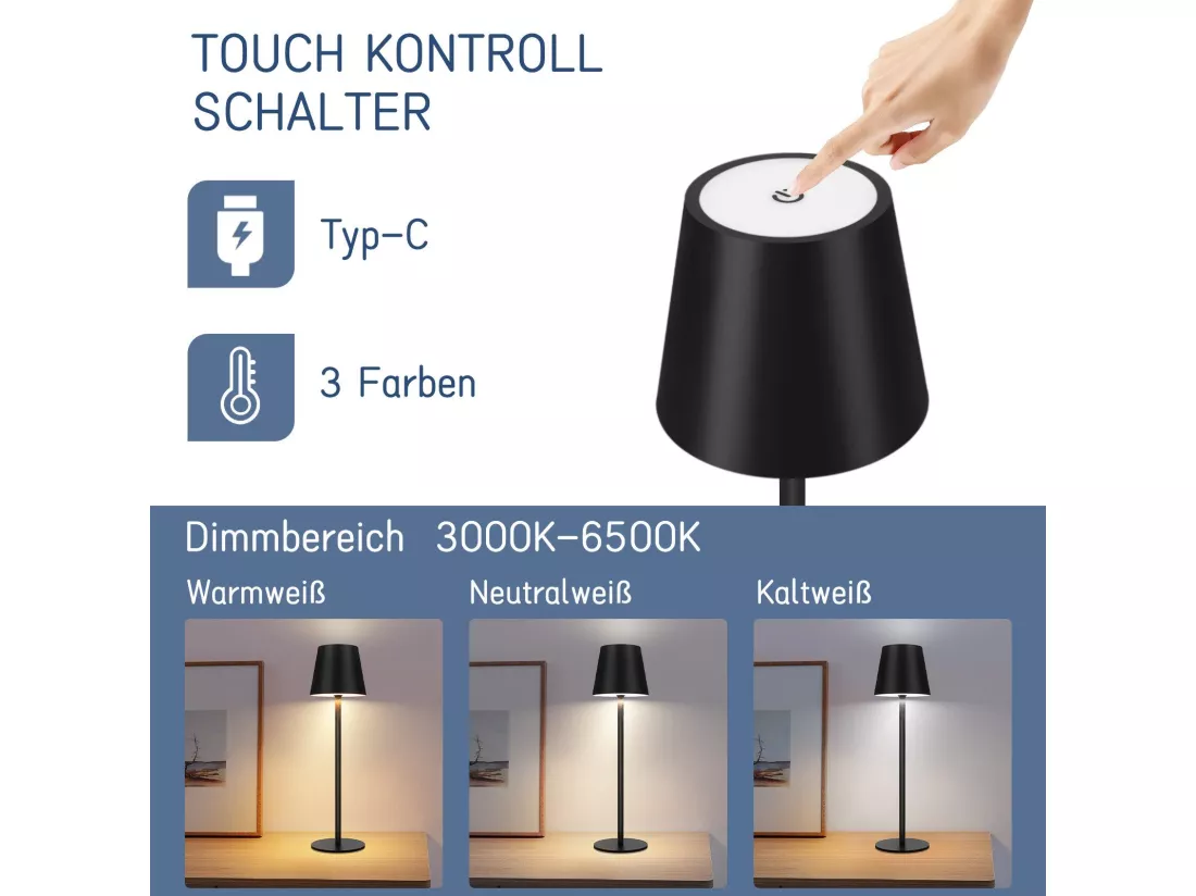 NETTLIFE Lampe de Chevet à Batterie sans Fil， Lot de 2 - LED 2600mhA Lampe de Table d'extérieur Rechargeable Tactile Lampe à Batterie Noire USB