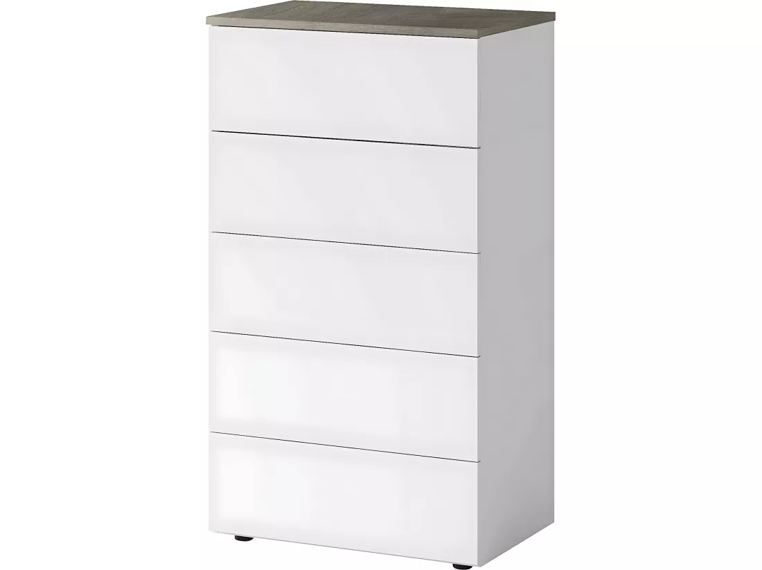 Commode avec 5 Tiroirs coloris blanc artic / Alaska chêne à nœuds - Hauteur 109 x Longueur 61 x Profondeur 40 cm
