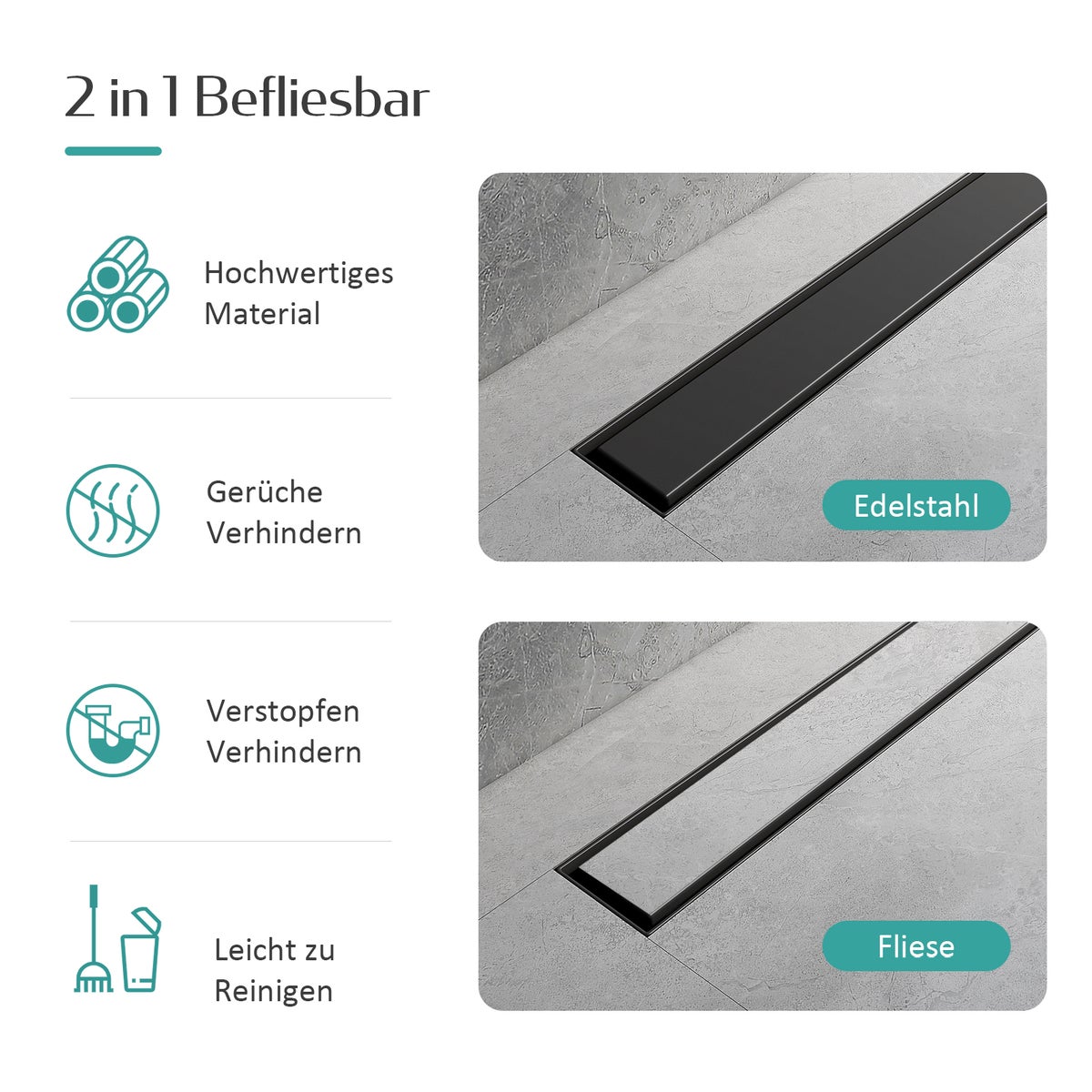 EMKE RVS doucheafvoer 2-in-1 complete set, 500 mm, betegelbaar, extra plat, zwart met haarzeef en sifon - Standaardmaat adapter 40/50 mm, installatiehoogte 77-96 mm, waterstroom 30 l/min.