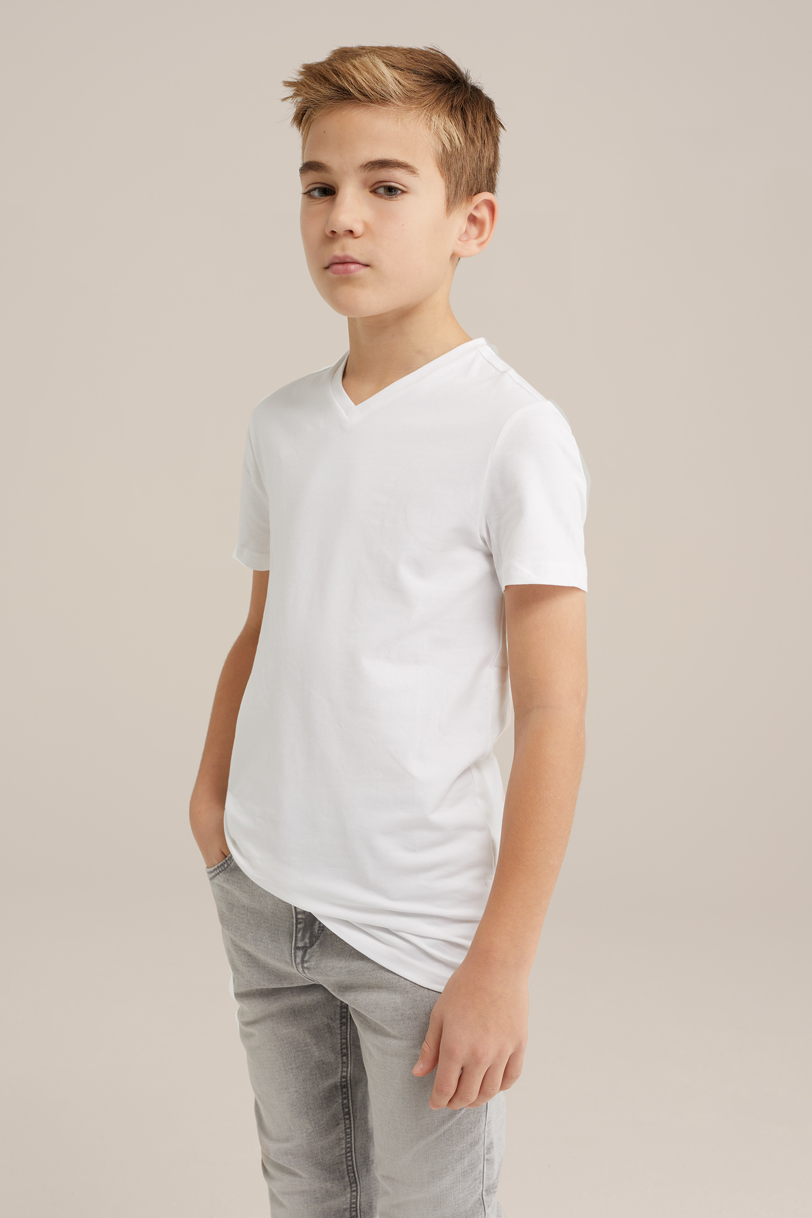 Jongens basic T-shirt met V-hals WE Fashion Wit