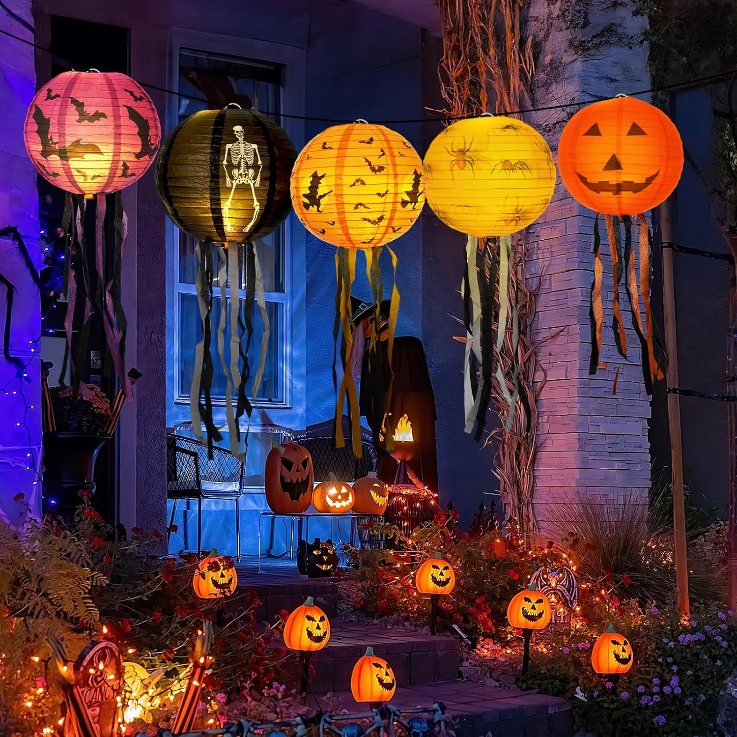 (Ø20cm) Halloween Papier Lampion Grusel Party Deko Accessoire Laterne - Fledermaus / Hexe