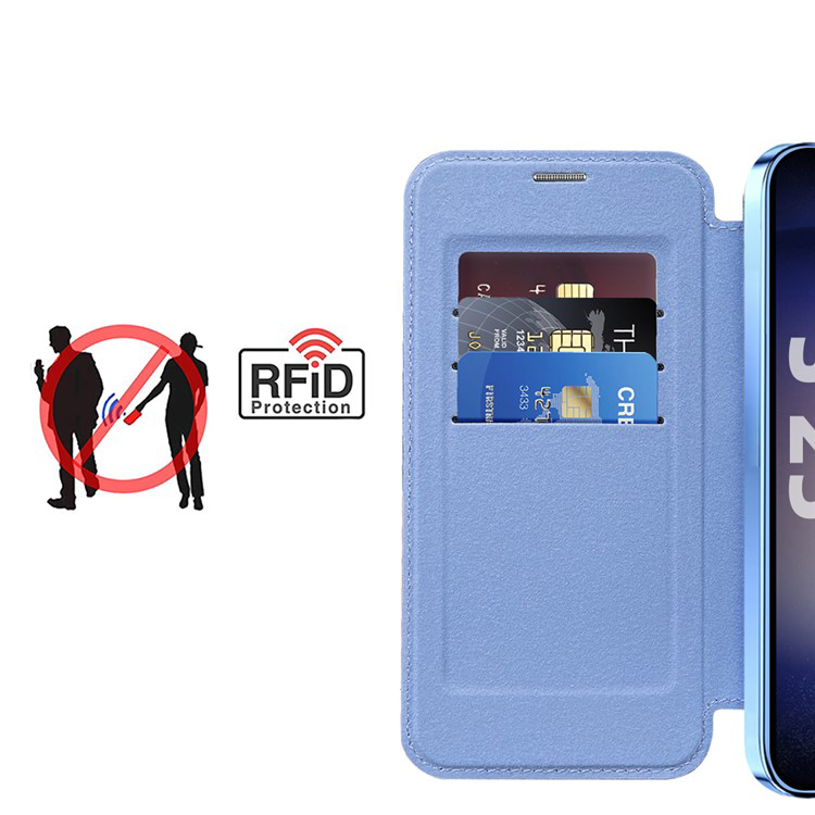 Samsung Galaxy S25 Hybrid Leder Tasche   Kunststoff Rückseite MagSafe-Modul (RFID Schutz) - Blau / Transparent