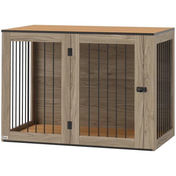 Hundeburmøbler, hundeboks med dør og vindu, sidebord til hjemmet, hundehus for store hunder under 30 kg, stål, 106 x 60 x 76 cm, eik