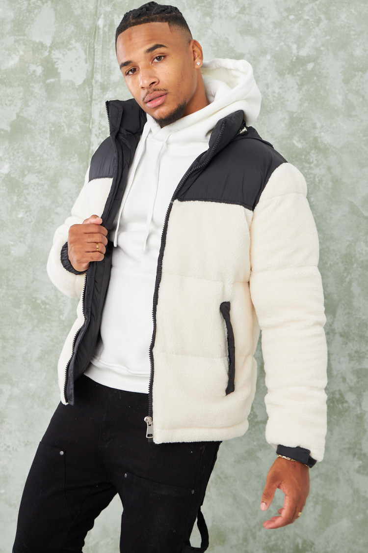 Parka teddy noir en peau de mouton beige