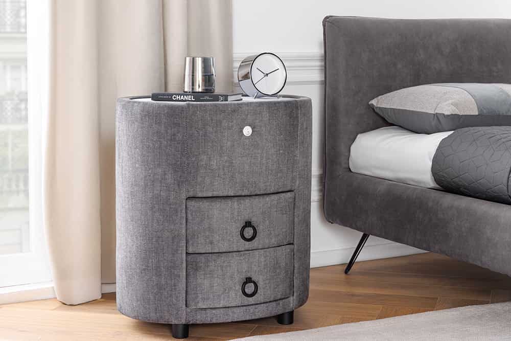Ovaler Nachttisch SIGNUM 55cm grau Vogue Velours Samt inkl. Beleuchtung Schubladen