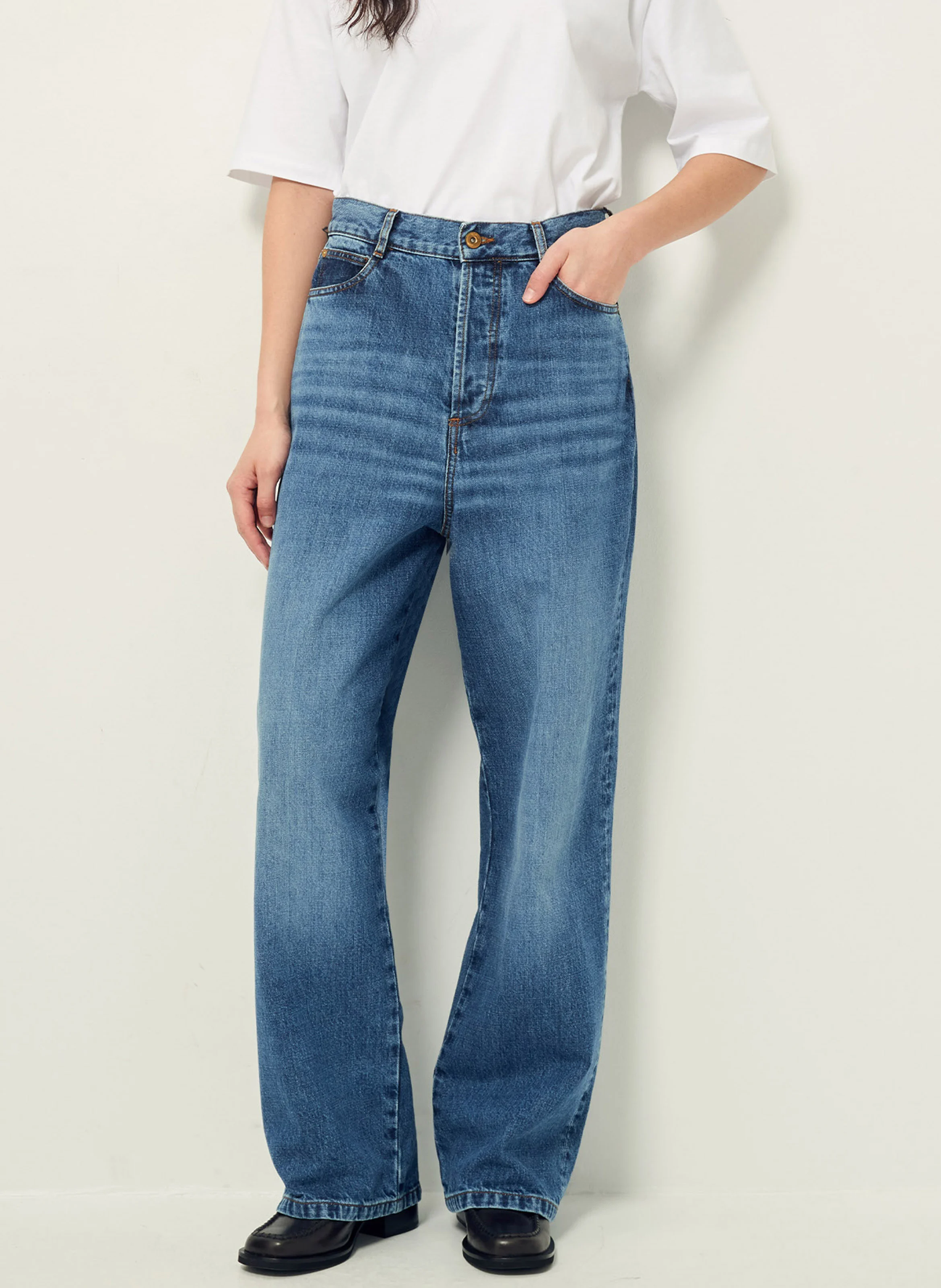 PAPERLOVE - Jean large taille haute en coton | Bleu